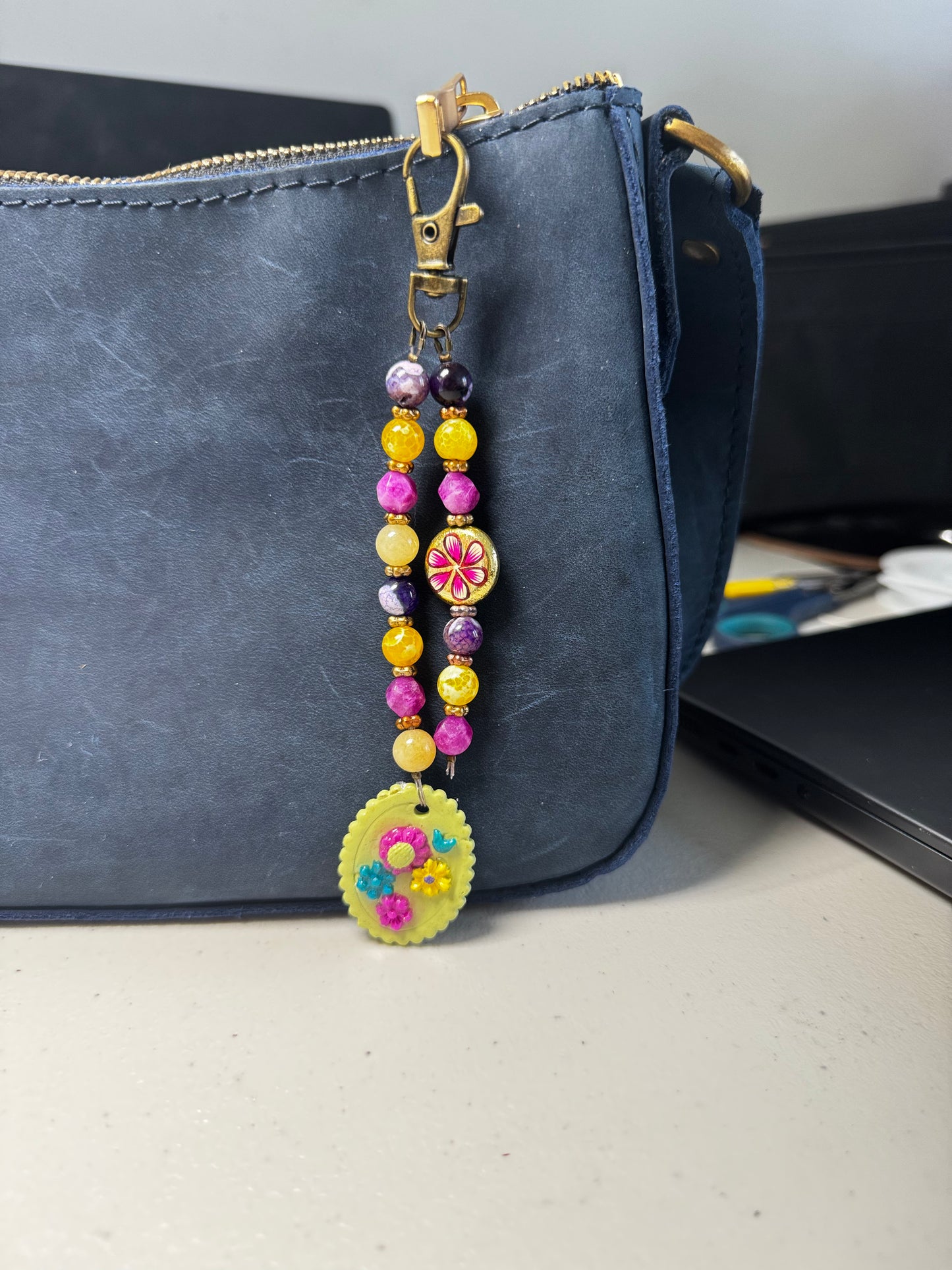 Gemstone Beaded Necklace | Bronze & Glass Daisy Pendant Jewelry