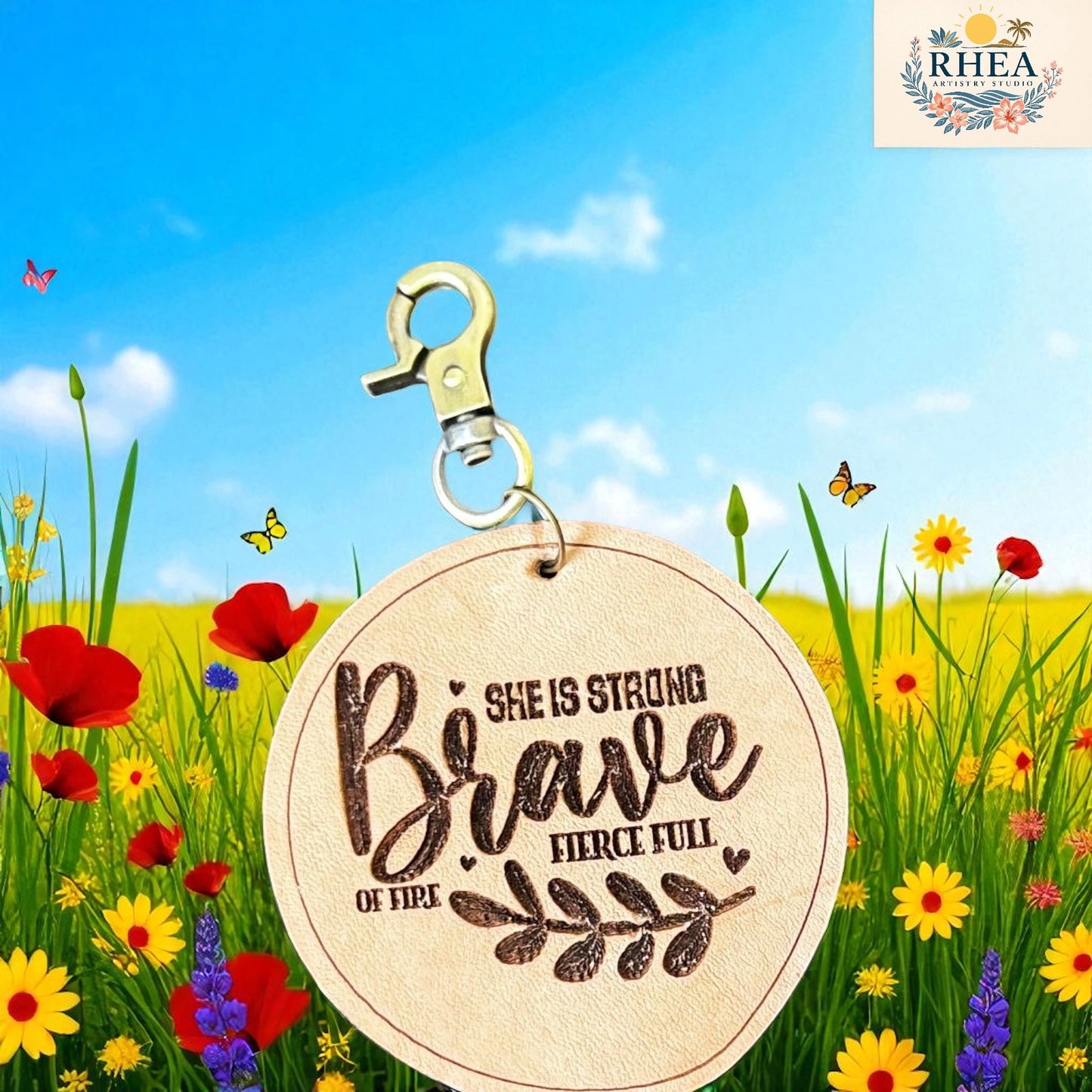 Wooden keychain with motivational quote in a field of flowers and butterflies