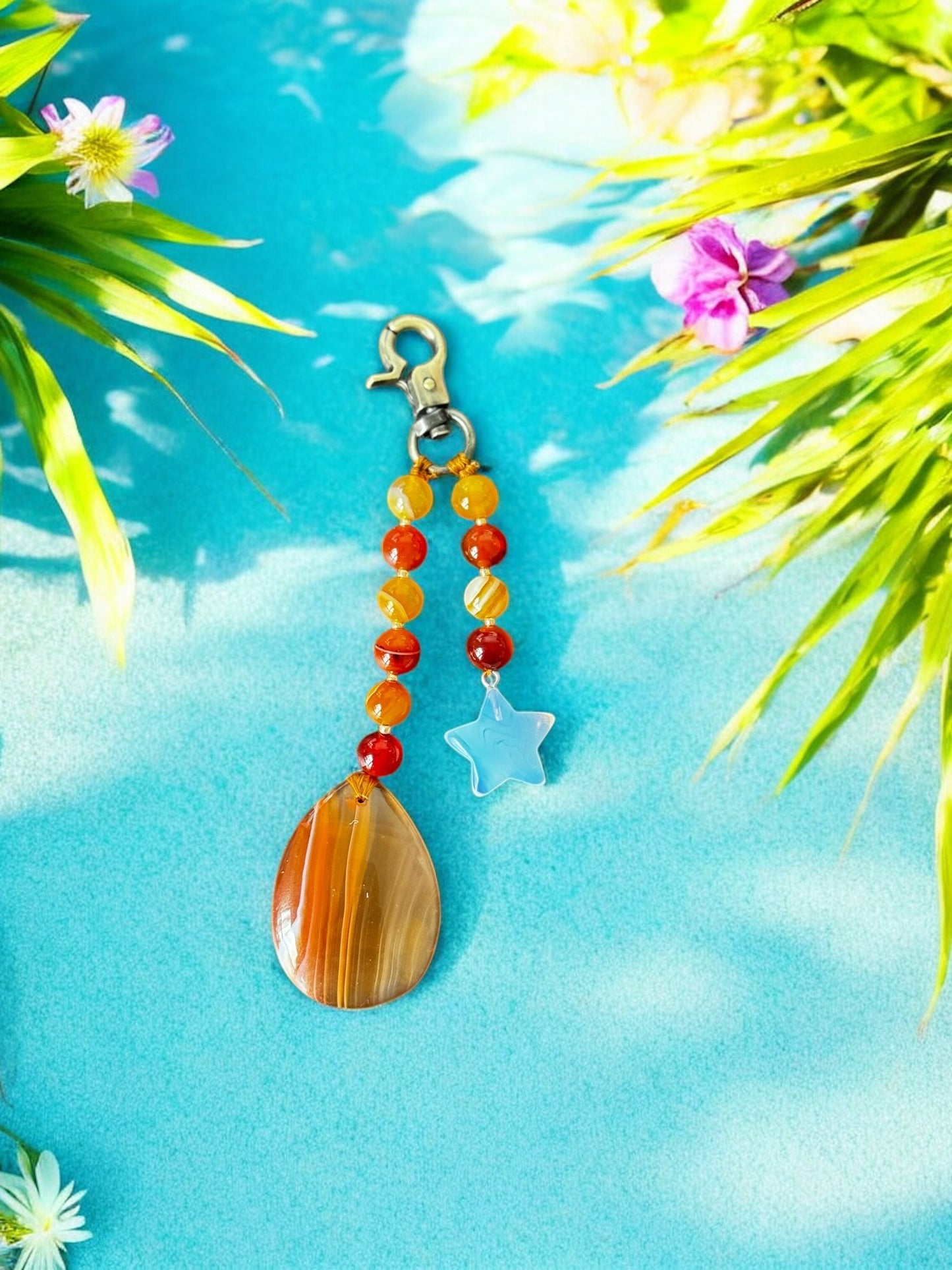 Fiery Gemstone Bag Charm – Agate Pendant with Moonstone Star, 5-Inch Beaded Accessory