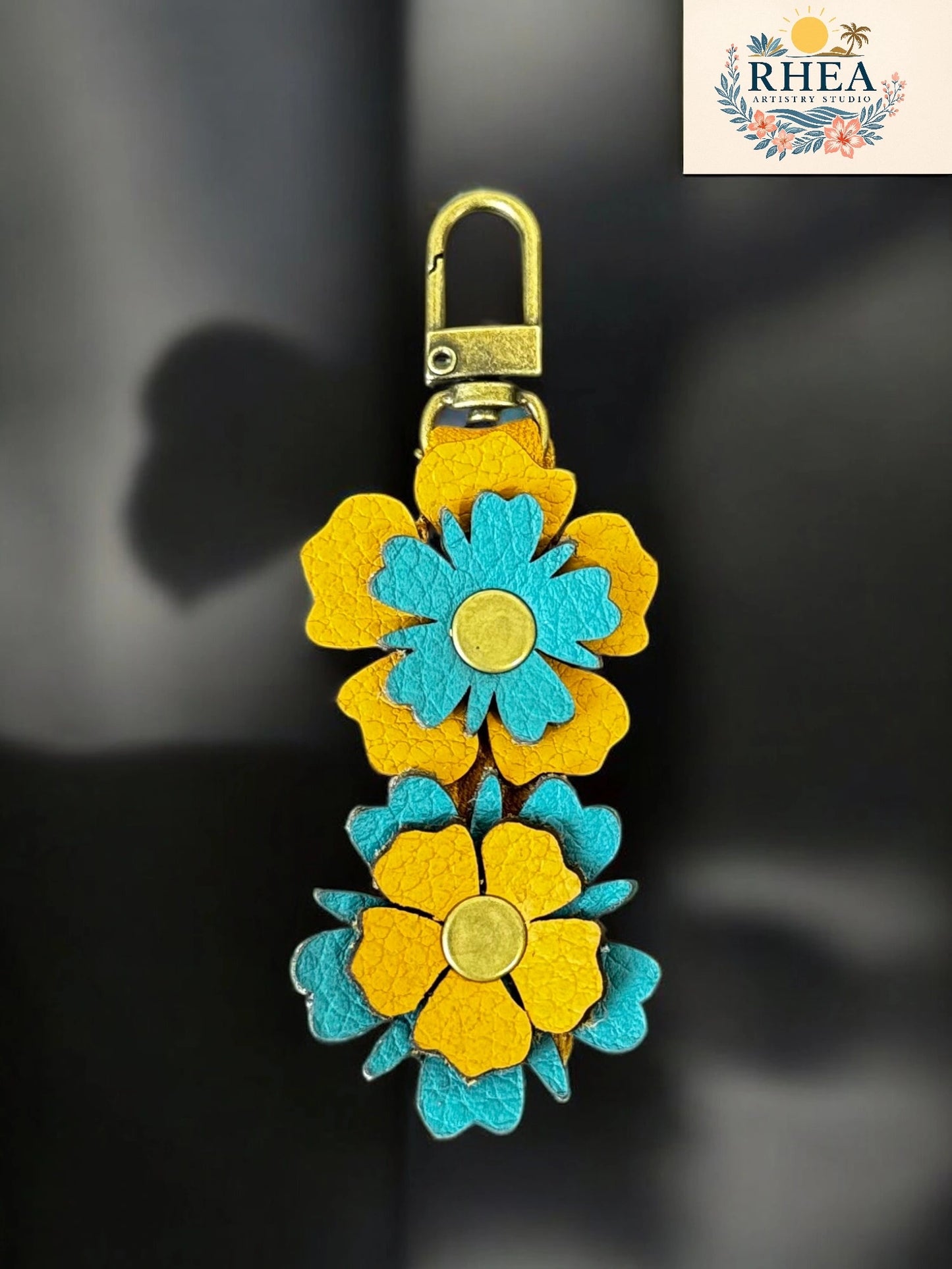 Mustard yellow with turquoise stacked leather wild flowers with lobster clasp