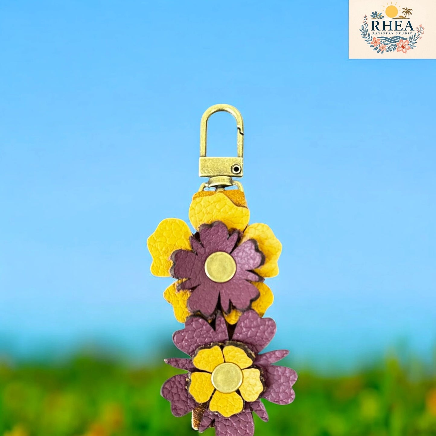 Mustard yellow with plum stacked leather wild flowers with lobster clasp
