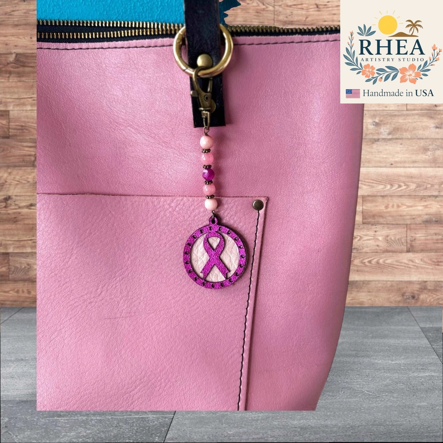 Elegant handmade Awareness bag charm and keychain accessory, crafted for purses, handbags, and tote bags with a meaningful touch.