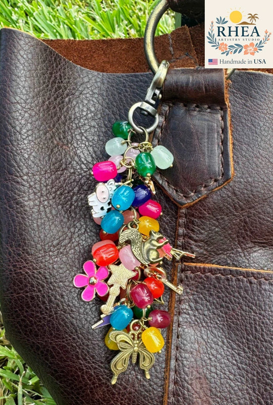 Playful handmade Chunky Jellybean Charm with bold multi-color beads, designed as a cheerful bag charm, purse accent, or keychain.