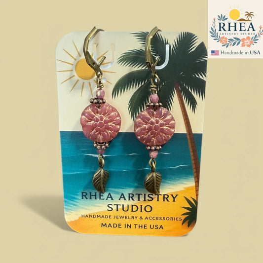 Pink Dahlia floral earrings with Czech glass beads and antique brass leaf accents.