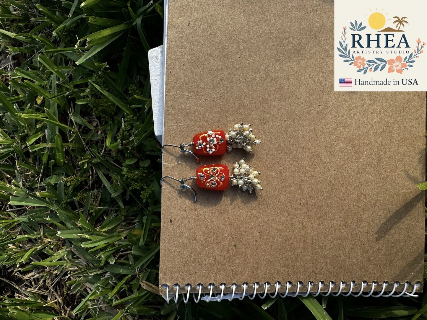 Stylish Coral Pearl Cluster Silver earrings, handmade with Czech beads for a refined artisan accessory.