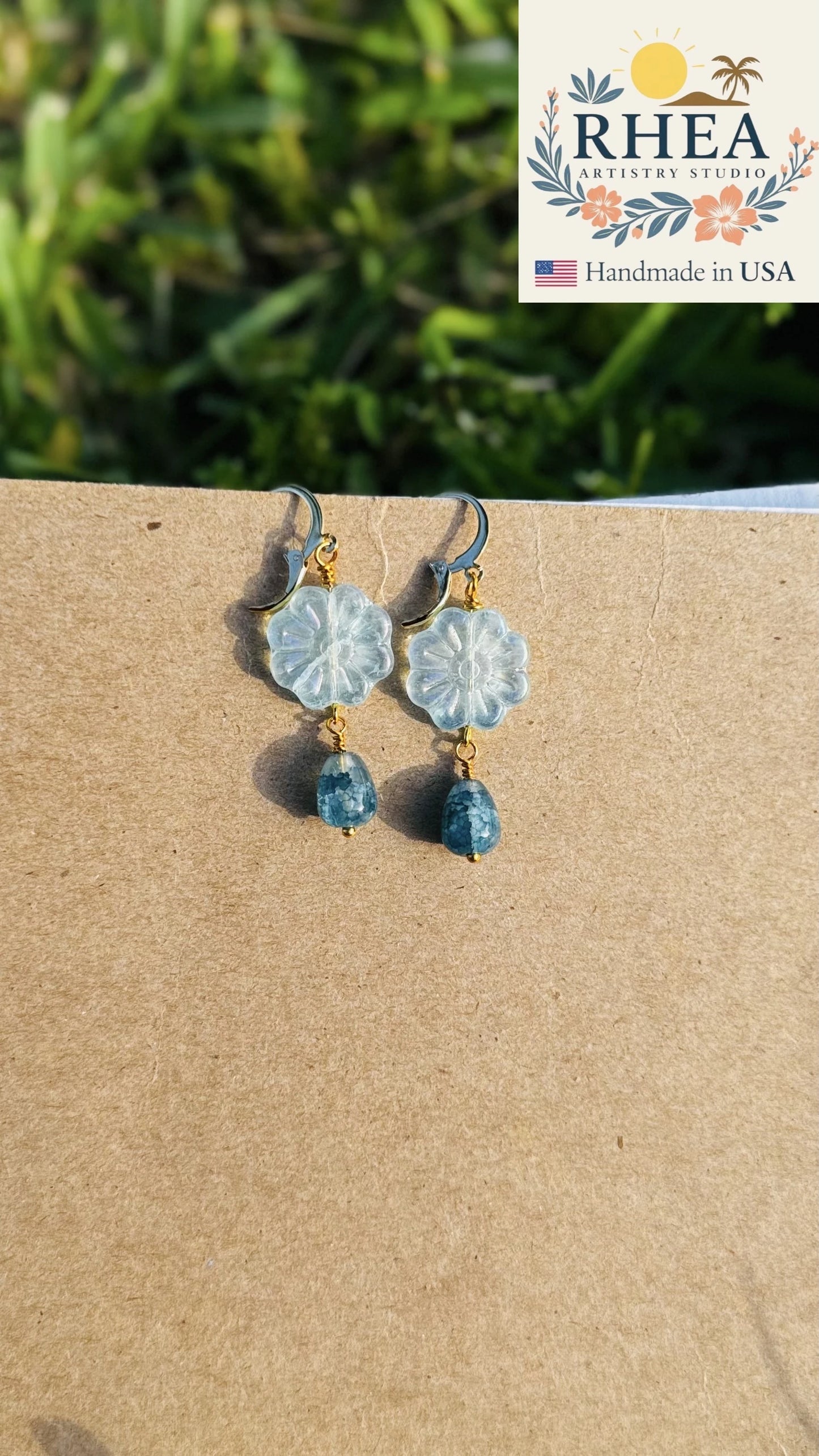 Floral-inspired Daisy Blue Gold Drop earrings, handmade with Czech beads for a refined artisan accessory.