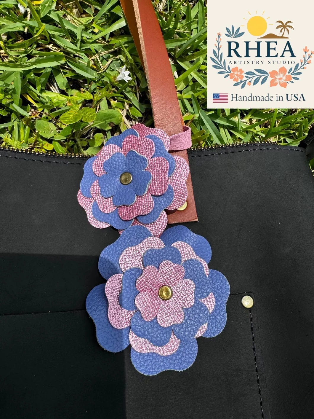 Elegant Everbloom Leather Flower Double in Blue Bell and Barbie Pink, crafted as a unique leather zipper pull charm for handbags and totes.