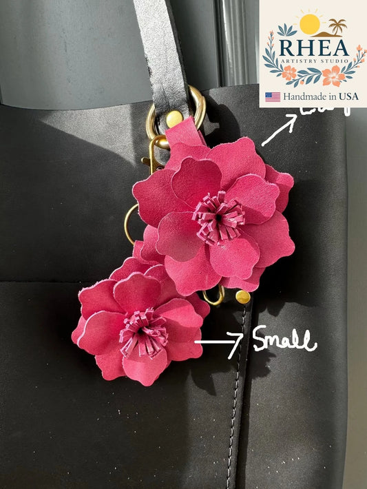 Artisan Everbloom Leather Flower Small in Old Rose, designed as an elegant leather bag charm accessory.