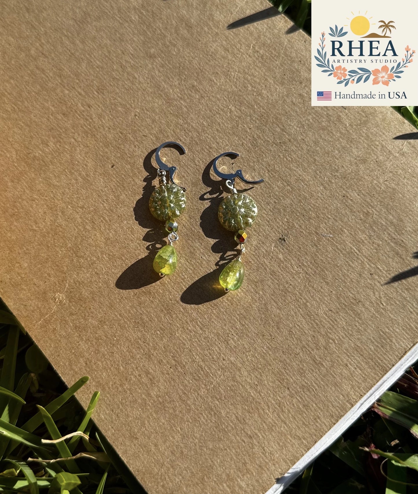 Floral-inspired Avocado Green Dahlia Silver drop earrings handcrafted with Czech beads, artisan jewelry with a natural touch.