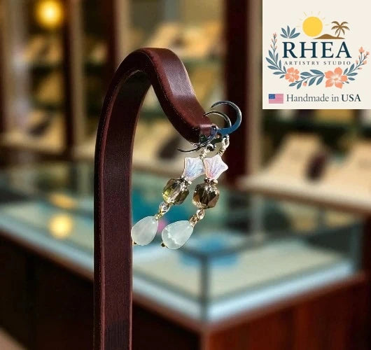 Handcrafted Three Petal Cathedral Pewter Drop earrings featuring Czech beads, artisan-made with an elegant floral design.