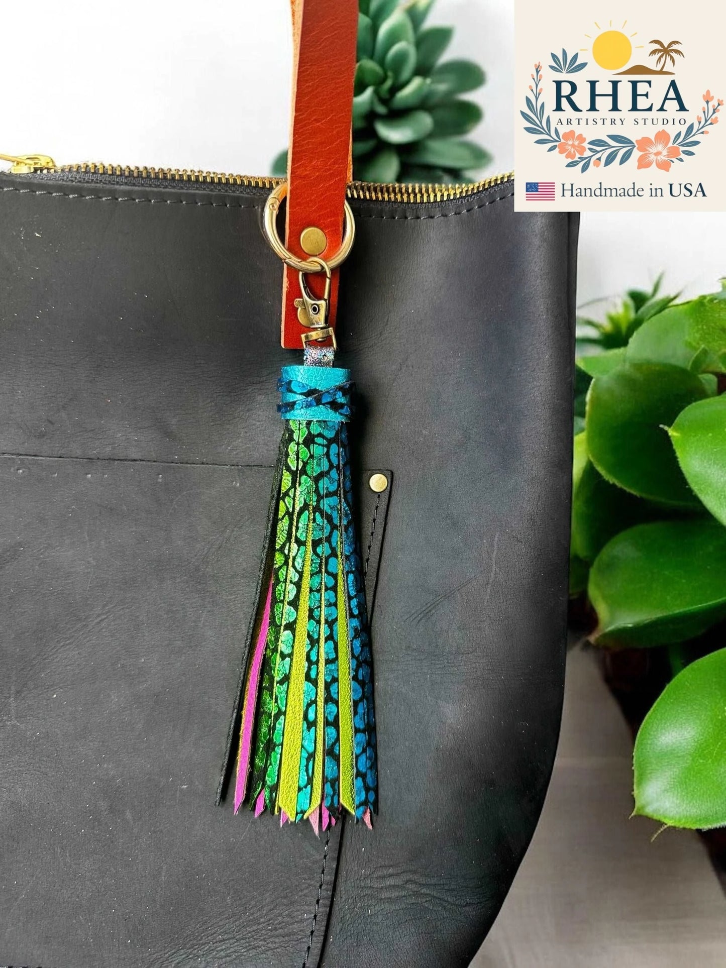 Hand-Cut Leather Tassels - 7” Rainbow Chameleon Purse Charm