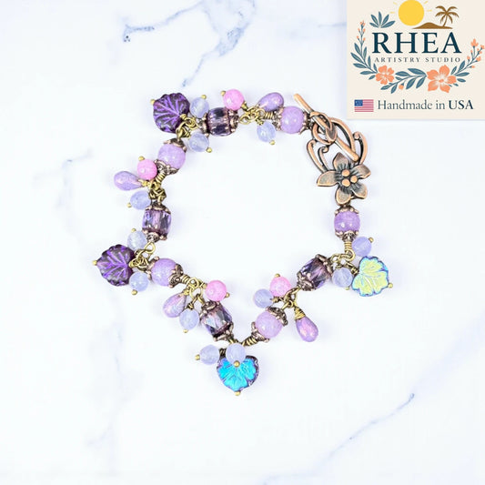 Blossom Twilight Bracelet made with handmade Czech glass beads, gemstones, and brass components, artisan-crafted in multiple sizes.