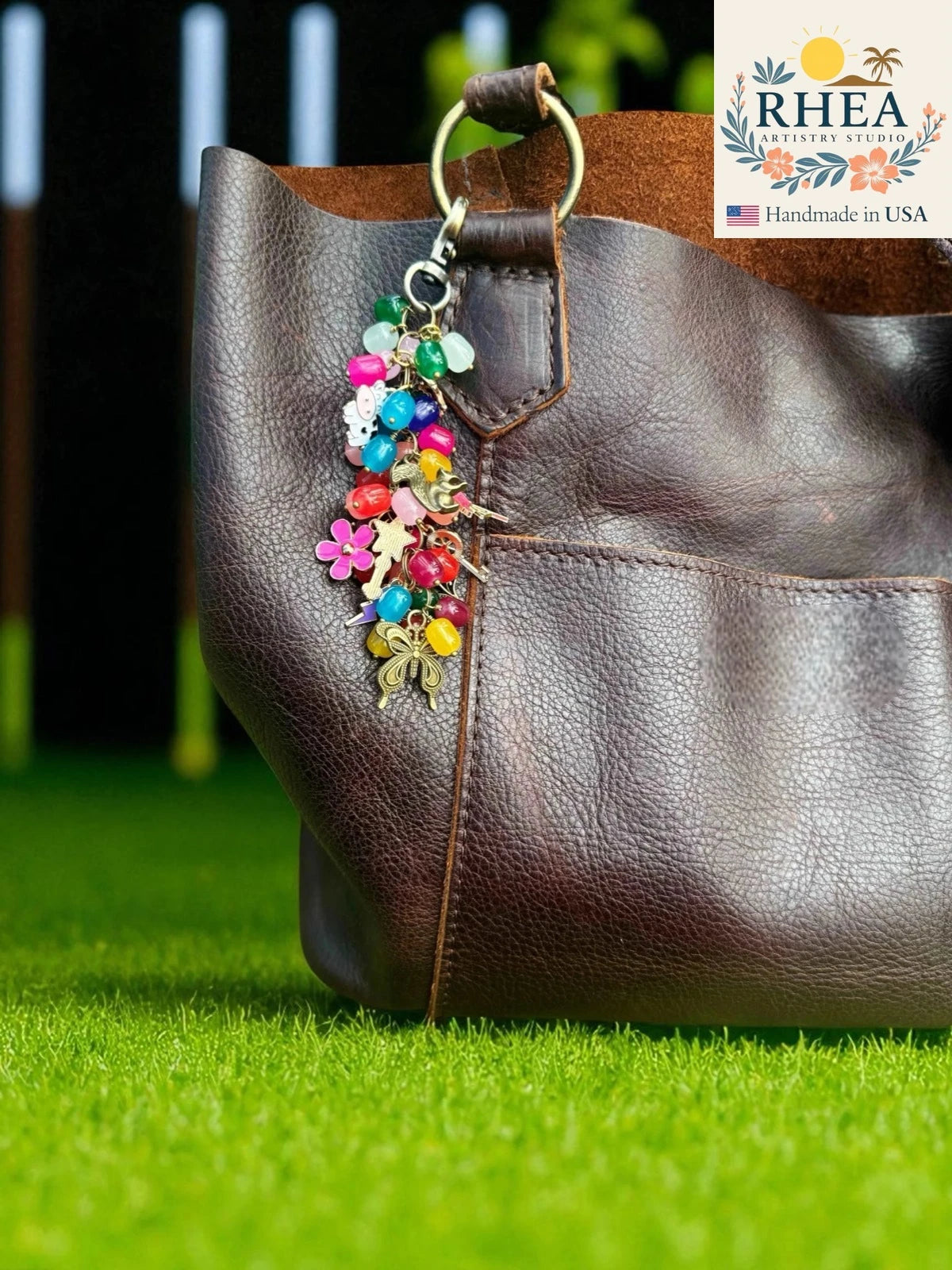 Bright Chunky Jellybean Multi Color Charm handcrafted with colorful beads, artisan accessory for handbags, purses, or keychains.