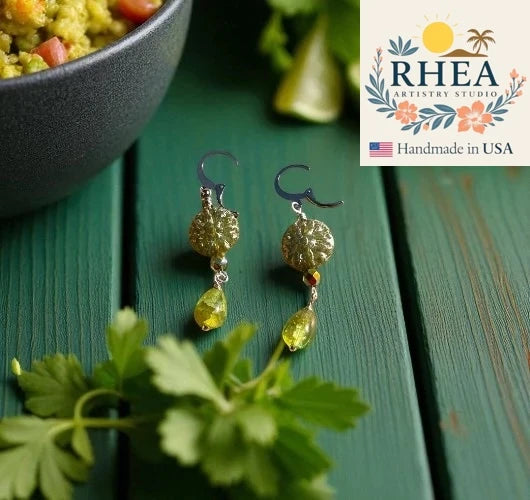 Elegant handmade Avocado Green Dahlia Silver earrings with Czech beads, designed as unique artisan jewelry.