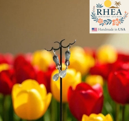 Elegant handmade Blue Tulip Silver earrings with Czech beads, designed as unique artisan floral jewelry.