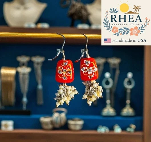 Elegant handmade Coral Pearl Cluster Silver earrings with Czech beads, designed as unique artisan jewelry.