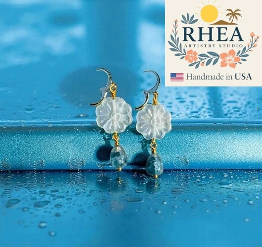 Elegant handmade Daisy Blue Gold Drop earrings with Czech beads, designed as unique artisan jewelry.