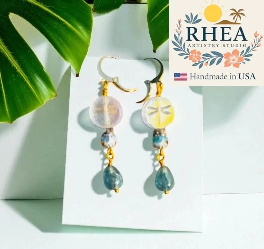 Elegant handmade Dragon Fly Gold Laser Etched earrings with Czech beads, designed as unique artisan jewelry.