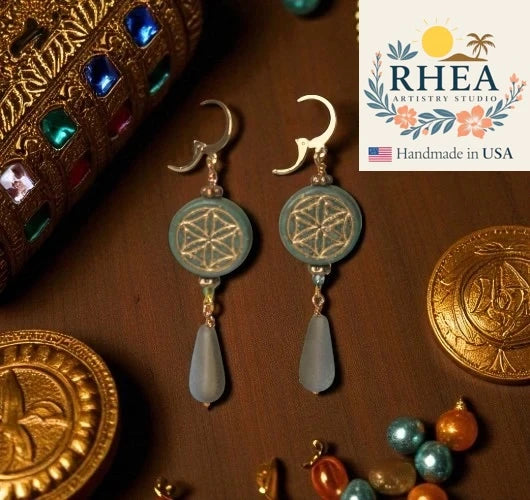Elegant handmade Green Coin of Life drop earrings with Czech beads, designed as meaningful artisan jewelry.