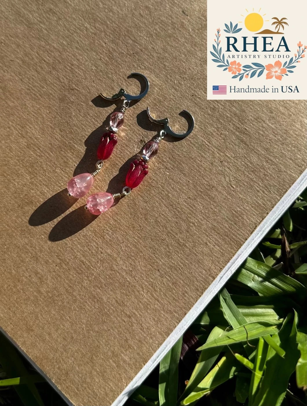 Handcrafted Pink Tulip Silver earrings featuring Czech beads, artisan-made with a delicate floral design.