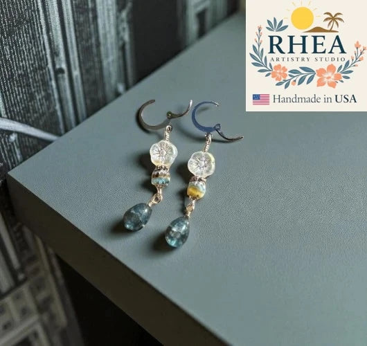 Elegant handmade Hibiscus Cathedral Pewter Silver Drop earrings with Czech beads, designed as unique artisan jewelry.