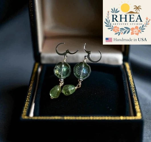 Elegant handmade Hibiscus Gemstone Drop Silver earrings with Czech beads, designed as unique artisan jewelry.