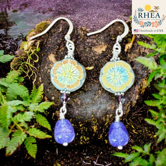 Elegant handmade Iris Glow earrings with Czech beads and gemstones, a unique floral-inspired jewelry design.