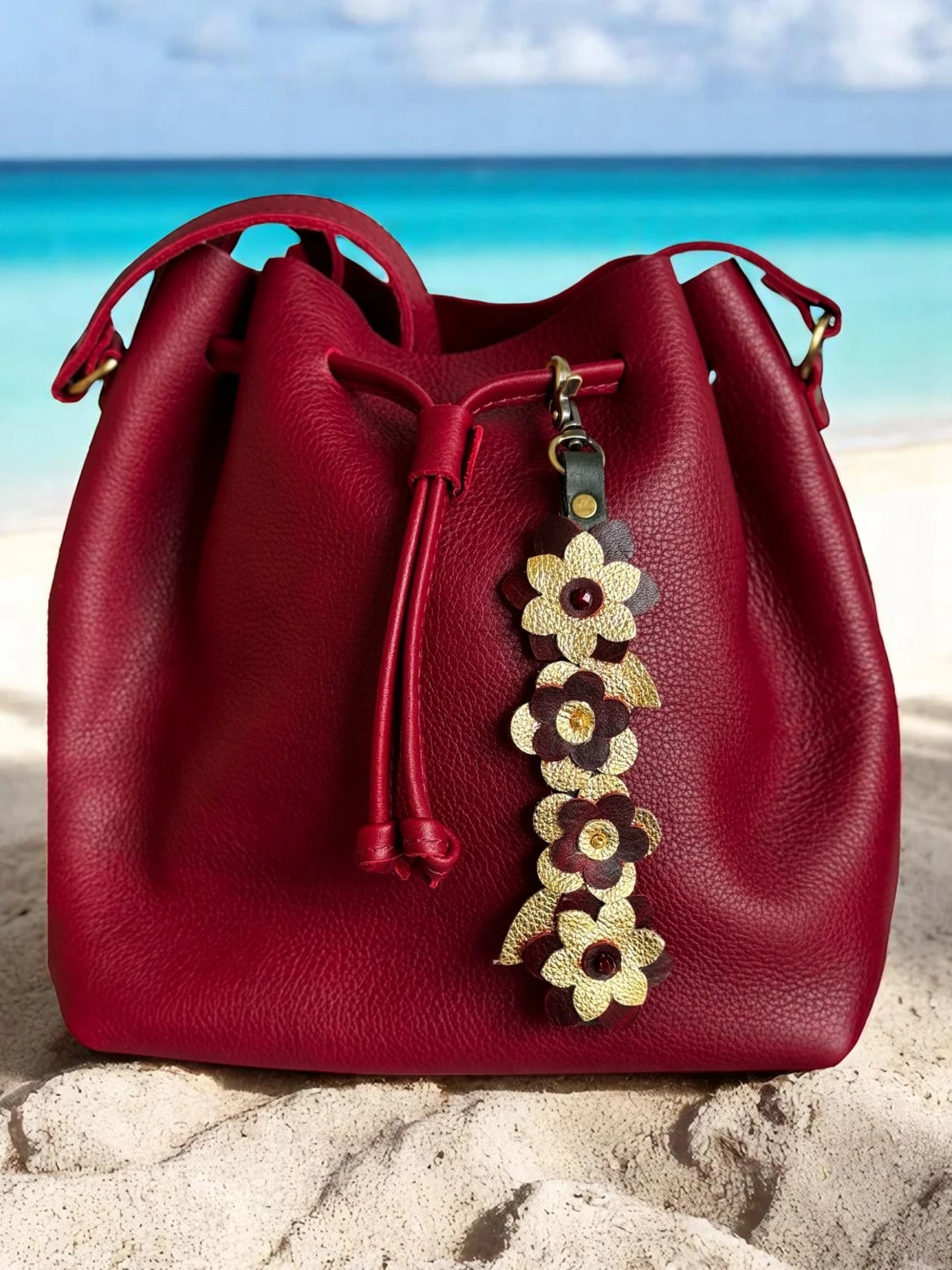 Close-up of Czech bead details on handcrafted leather petals