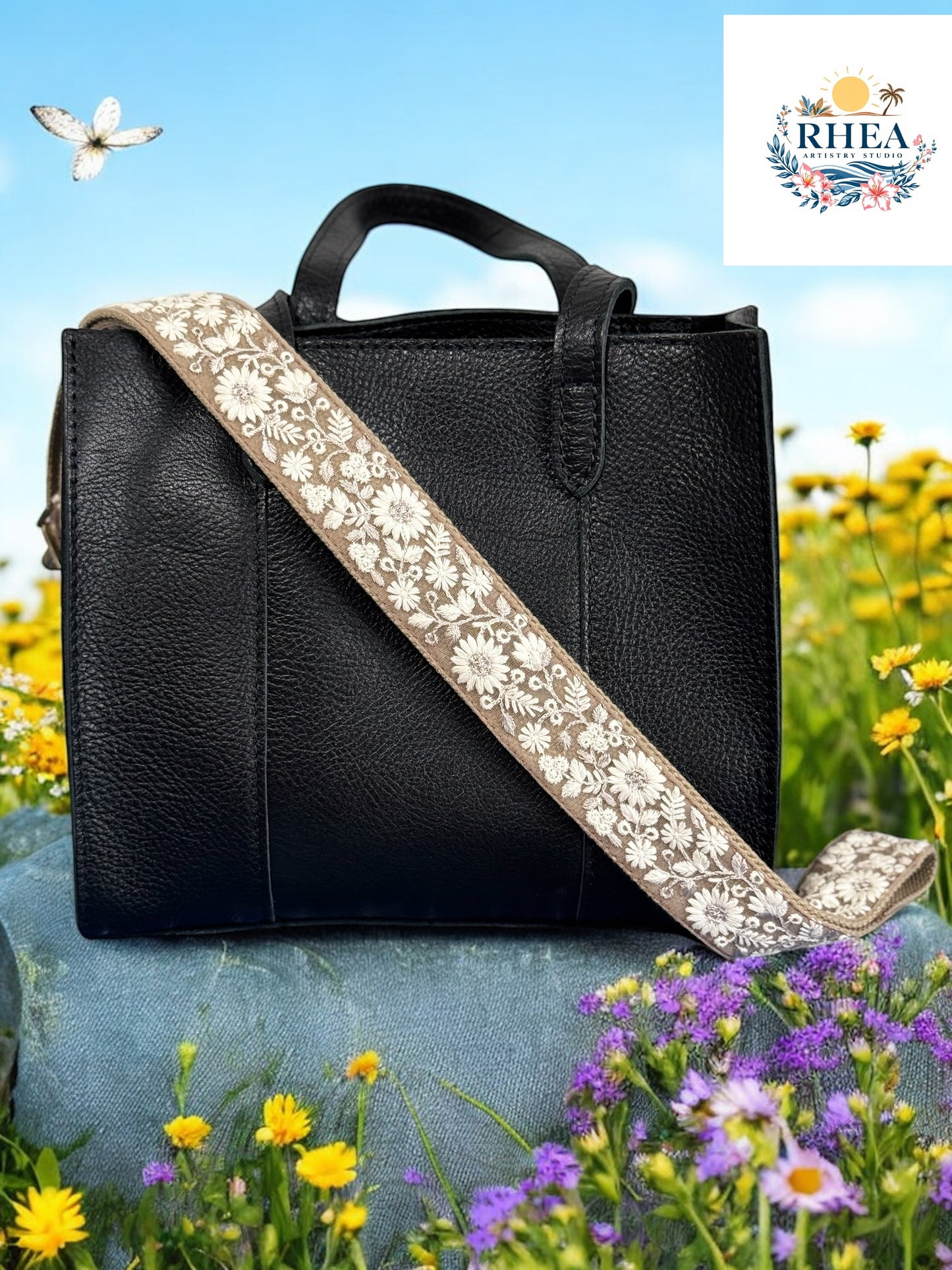 Minimalist light brown crossbody strap featuring delicate ivory floral embroidery, ethically made with a comfortable fabric backing. Great for purses and totes.