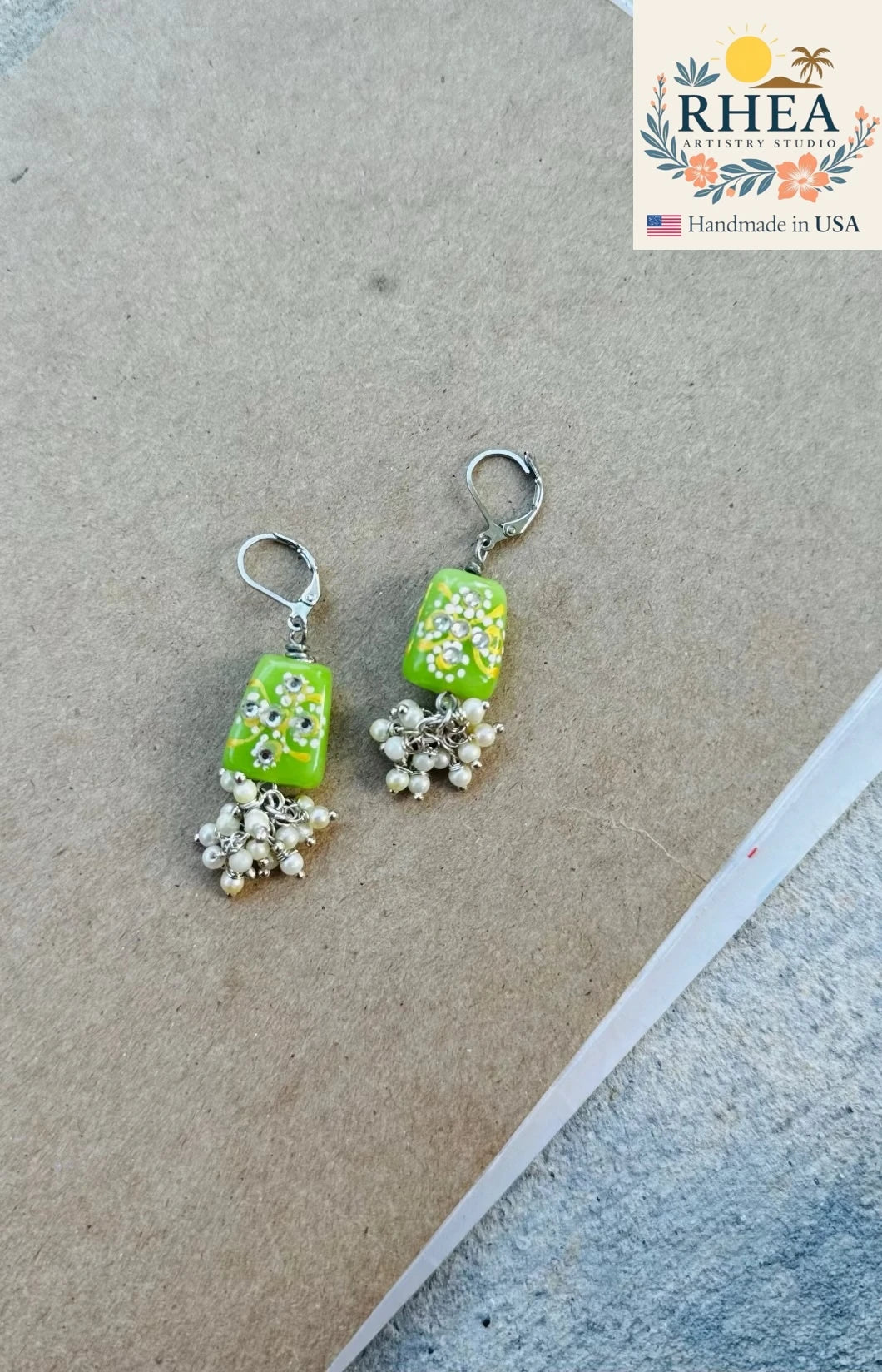 Stylish Lime Green Pearl Cluster Silver earrings, handmade with Czech beads for a refined artisan accessory.