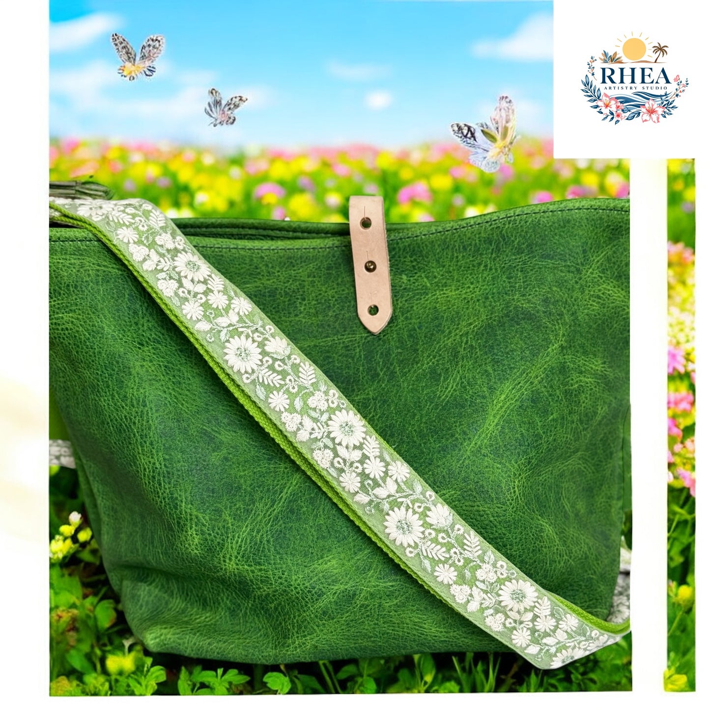 Bright lime green floral handbag strap with delicate white embroidery, handcrafted for tote bags, satchels, or weekend purses. Lightweight and statement-ready against a garden
