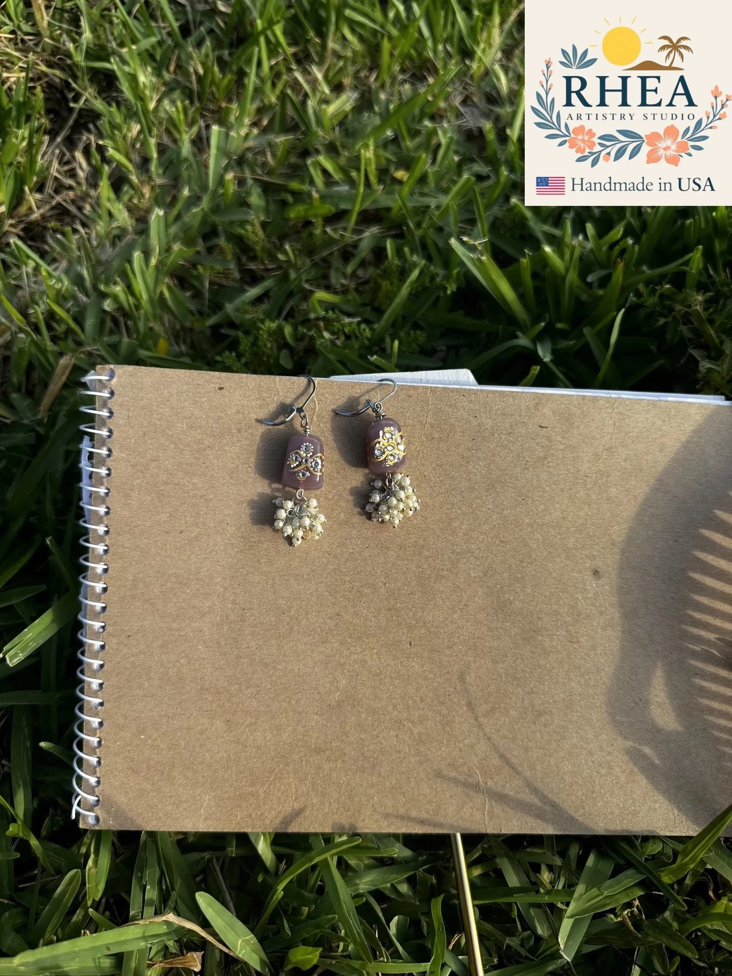 Elegant Mauve Pearl Drop Cluster earrings with silver detailing, handmade with Czech beads for a refined artisan look.