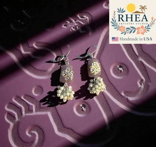 Unique handmade Mauve Pearl Cluster earrings in silver with Czech beads, designed as delicate artisan jewelry.