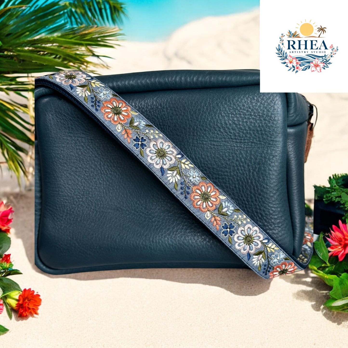 Pinwheel Collection navy blue strap with coral, ivory, and blue floral embroidery—ideal for upgrading totes, satchels, or crossbody bags.