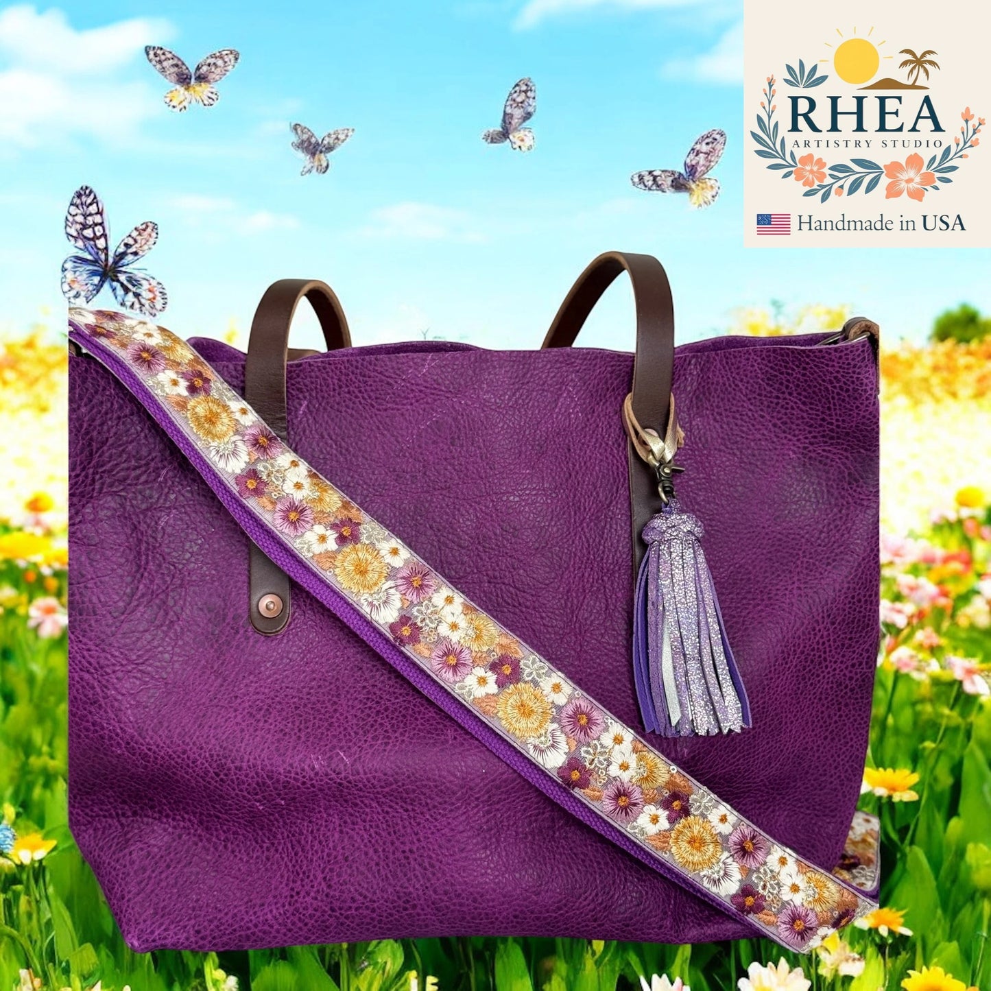 Purple handbag with floral purse strap and tassel against a colorful background with butterflies and flowers, featuring the RHEA brand.