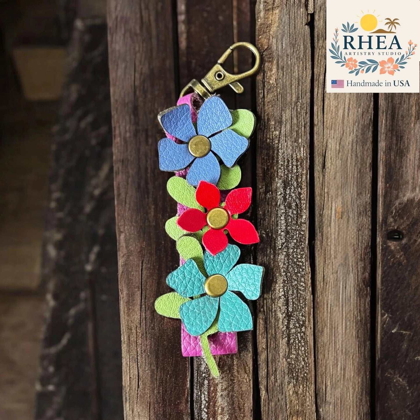Tropical Bloom Vine Charm – Mixed Flowers Leather Key Accessory
