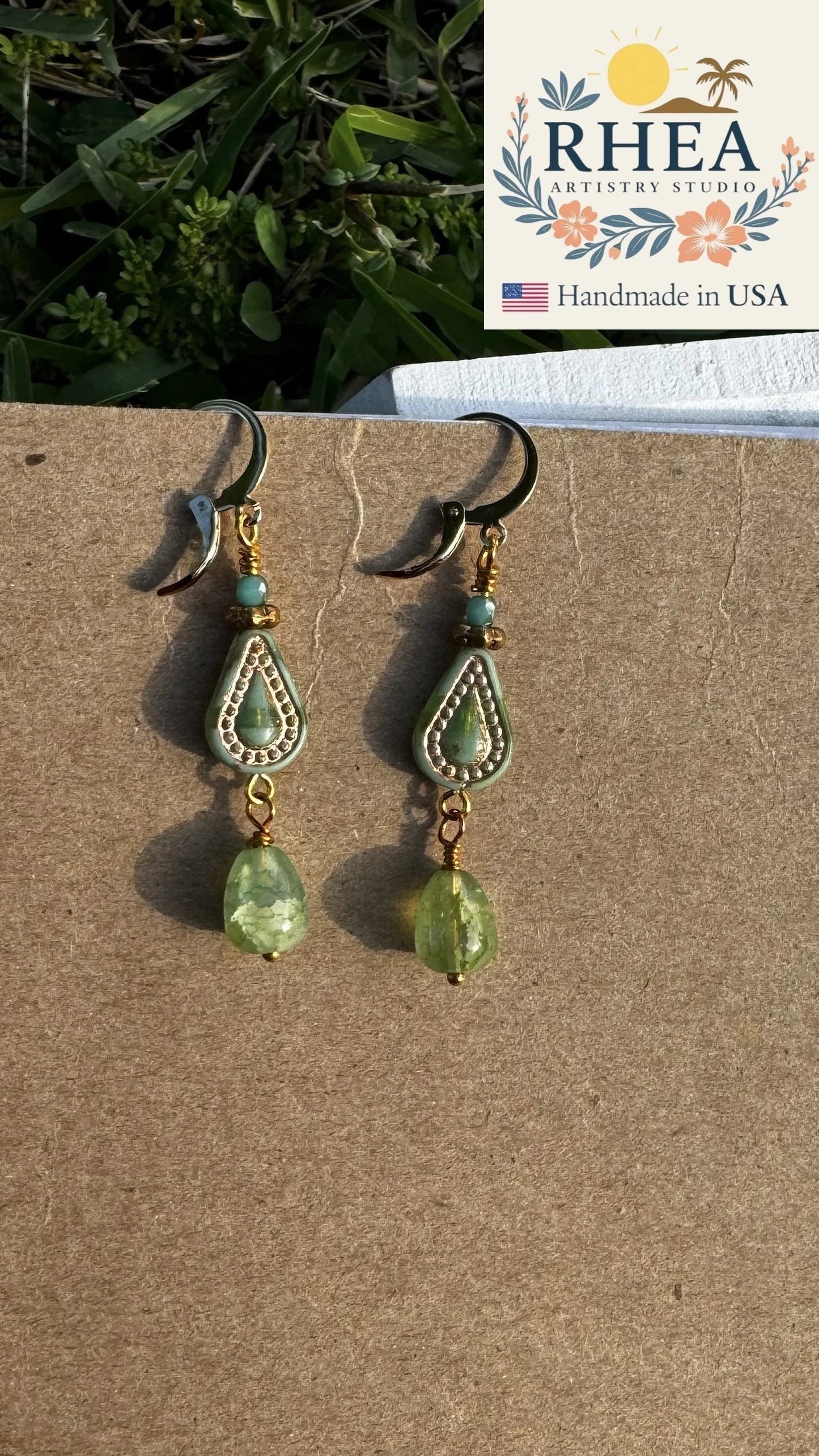 Rhea Artistry Studio Picasso green Czech glass multi drop earrings with 24k gold plated brass findings and lever back closures.