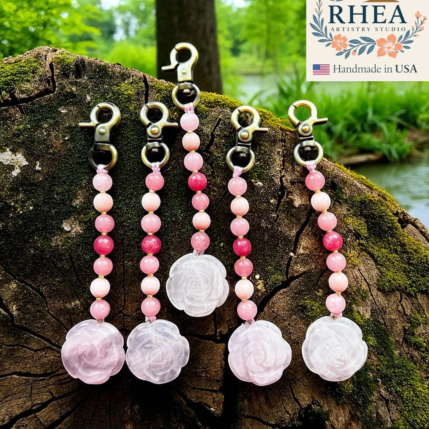 Rhea Artistry Studio pink agate beaded charm with carved rose quartz pendant and brushed brass clasp, handmade in USA.