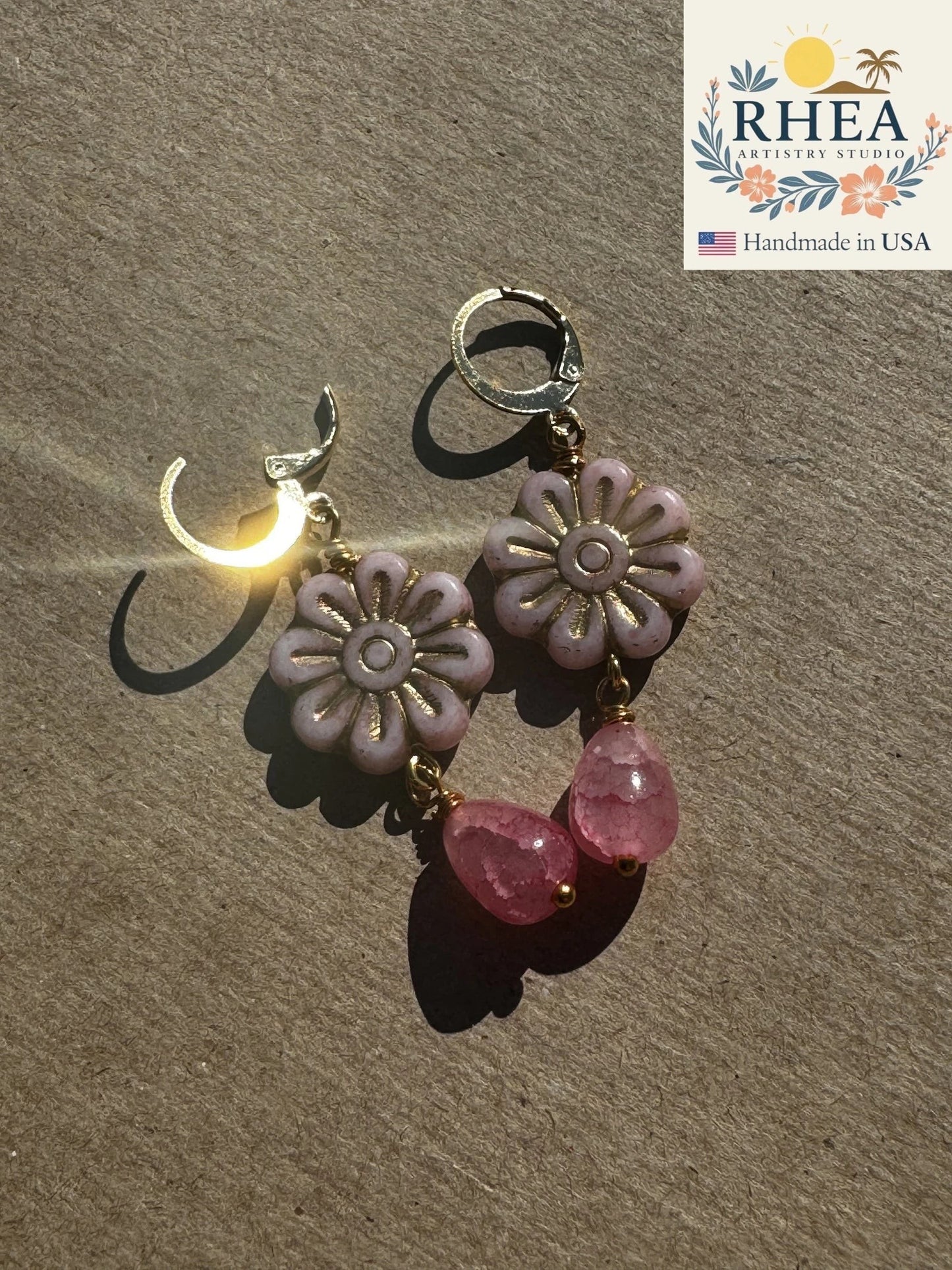 Rhea Artistry Studio pale pink Czech glass flower earrings with gold wash and pink gemstone drops.