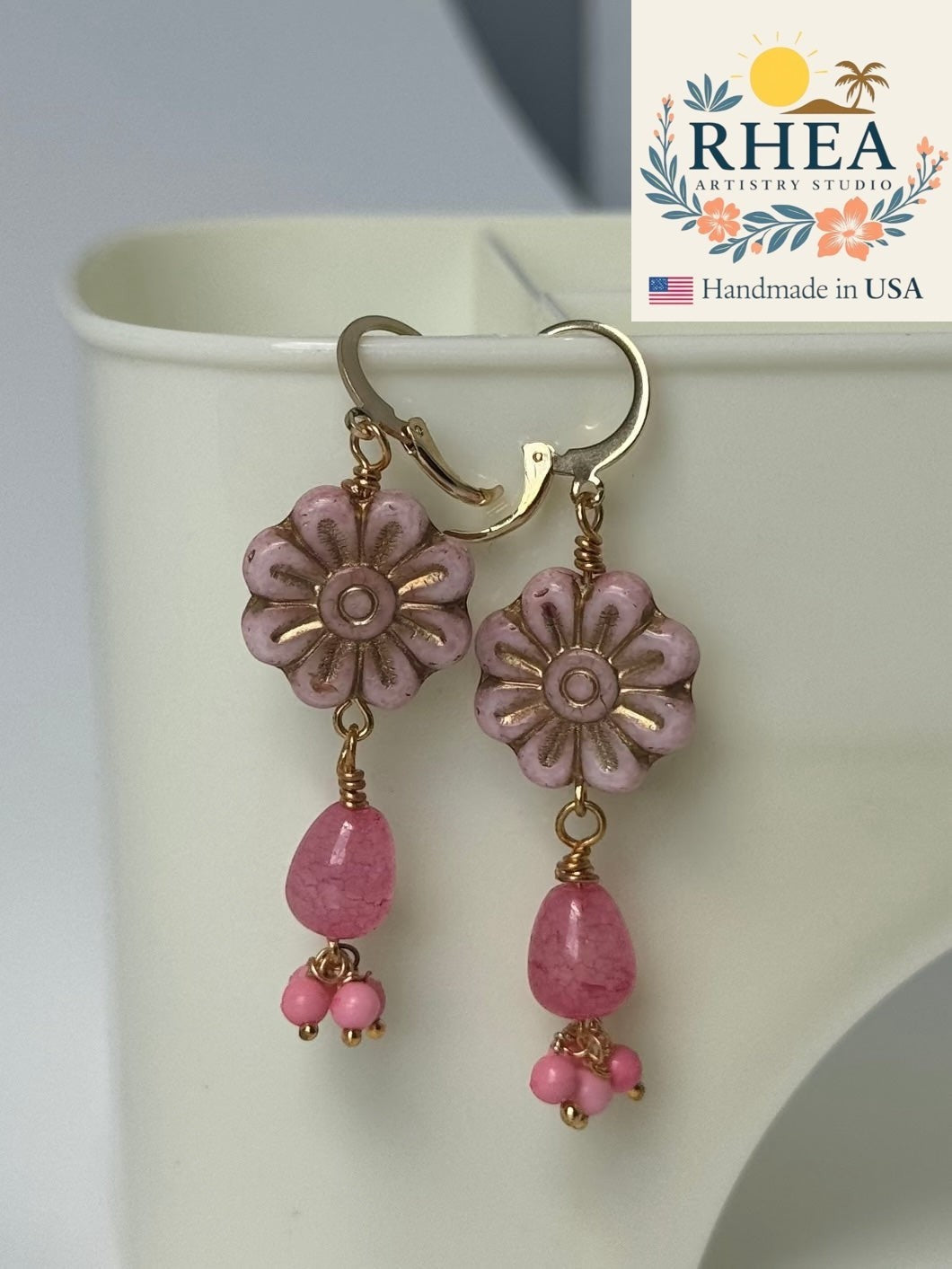 Rhea Artistry Studio pale pink Czech glass flower earrings with gold wash and pink gemstone drops. Handmade.