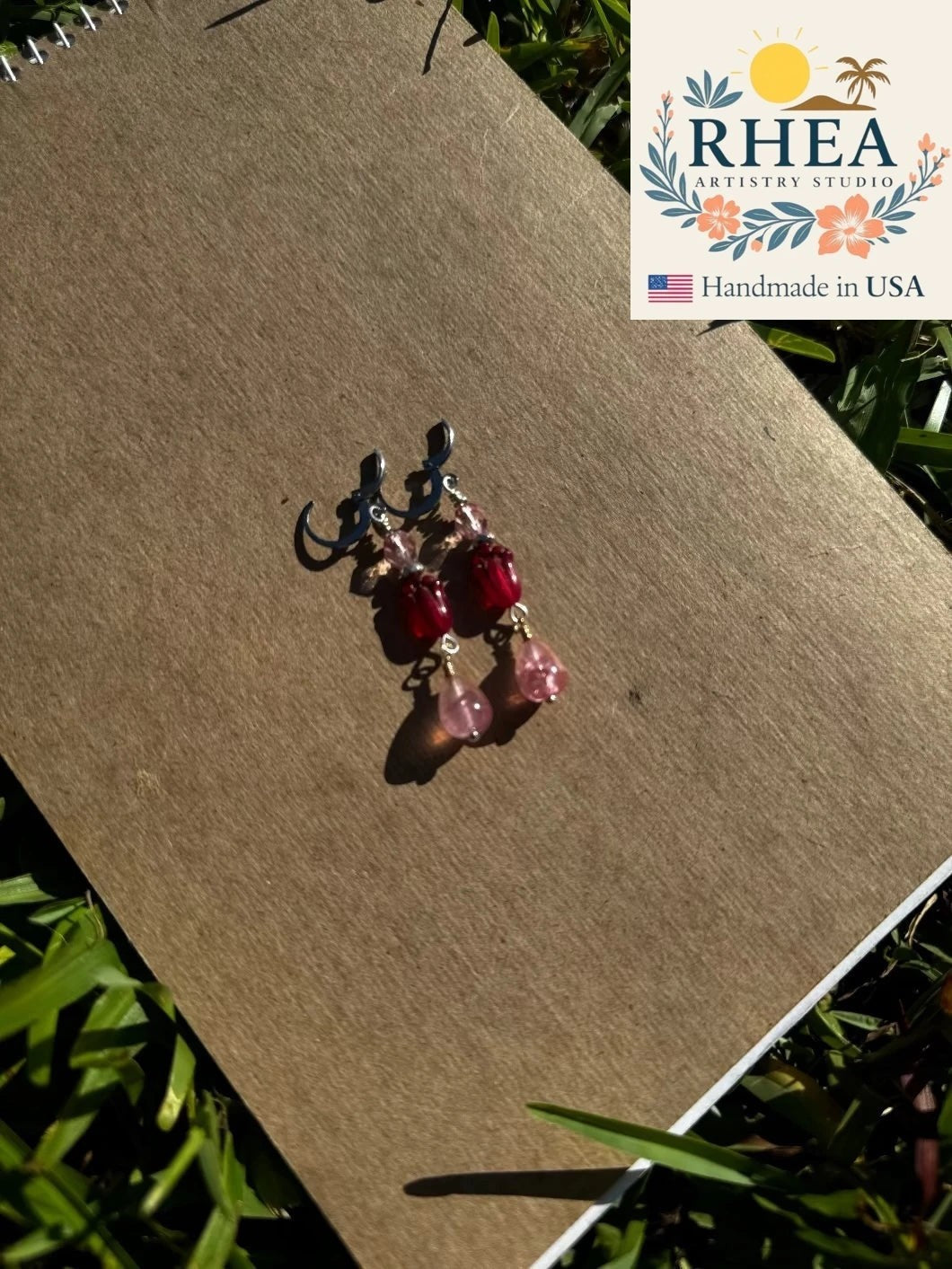 Rhea Artistry Studio pink tulip Czech glass earrings with silver French lever backs. Delicate pink and red beads dangle from silver findings.