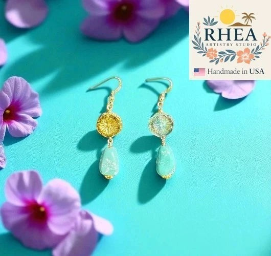 Rhea Artistry Studio turquoise hibiscus drop earrings with 14k gold filled fish hooks, approx. 1.5 inches long.