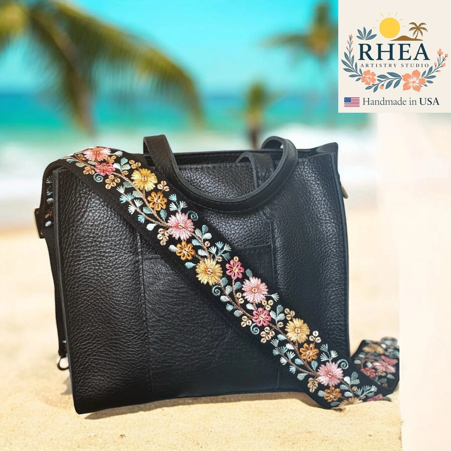 Handcrafted Softwave Circuit Strap with multicolor floral embroidery, artisan-made crossbody strap that adds color and texture to any bag.