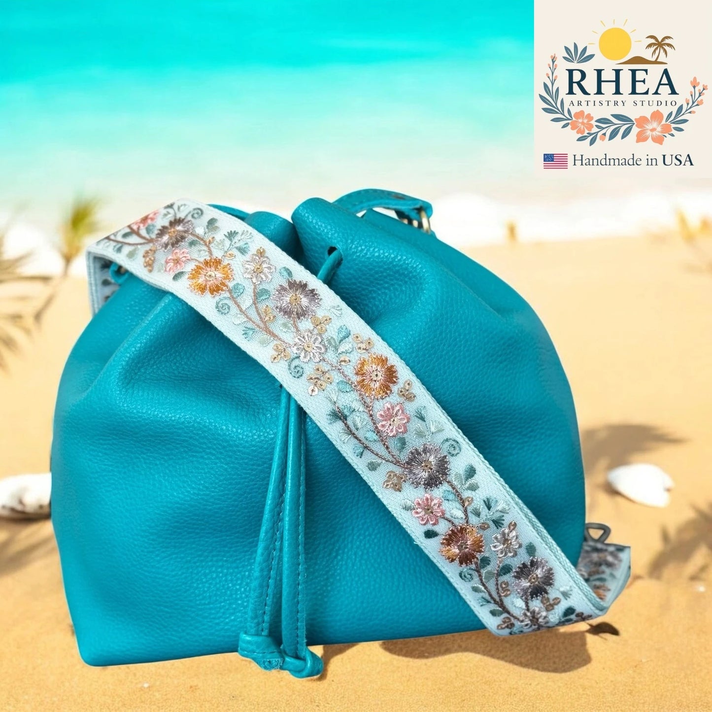 Softwave Circuit Strap featuring bold floral embroidery in multicolor threads, handcrafted crossbody and shoulder bag strap with artisan finish.