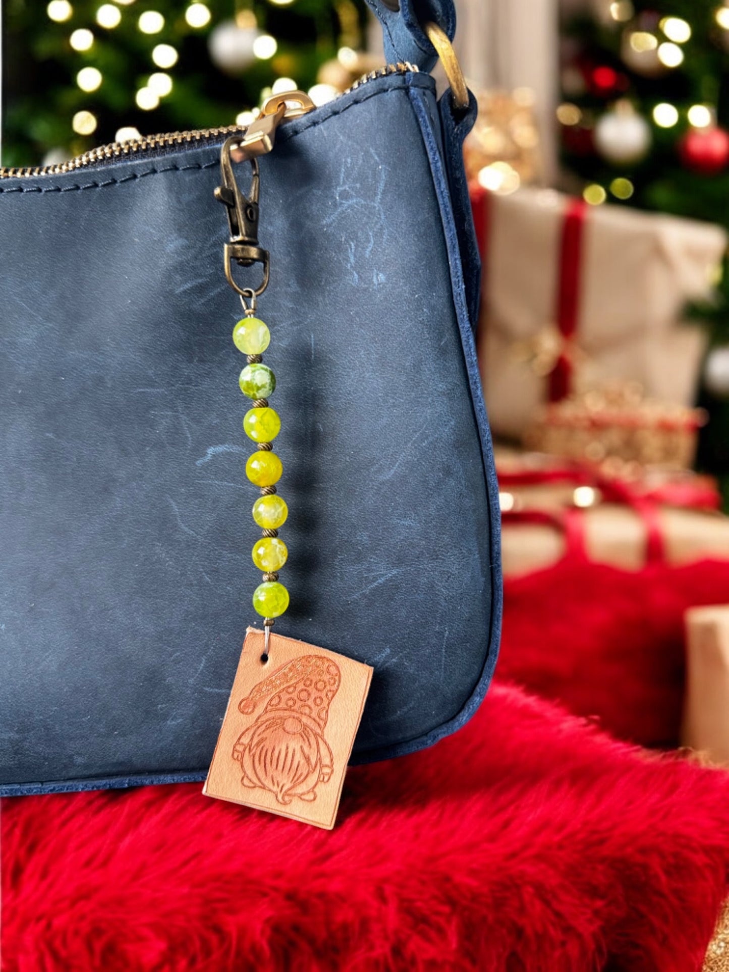 Gemstone Charm with Engraved Vegetable-Tanned Leather Pendant - Artisan Accessory