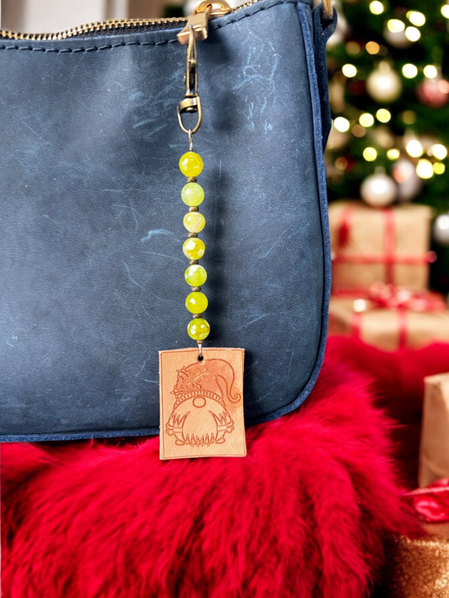 Gemstone Charm with Engraved Vegetable-Tanned Leather Pendant - Artisan Accessory