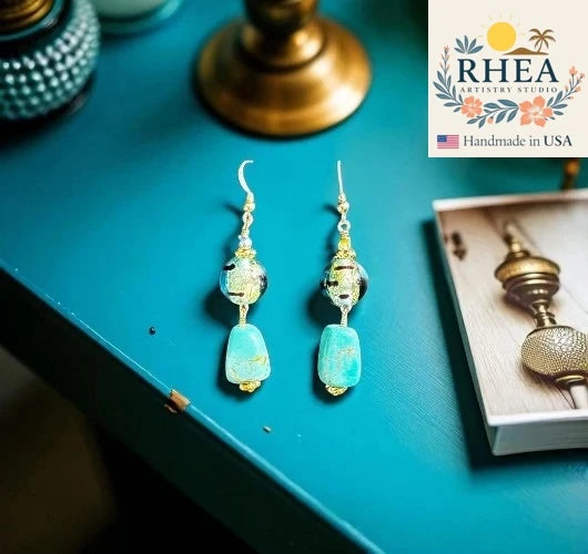 Elegant handmade Turquoise Lamp Glass Drop earrings with Czech beads and gold filled finish, designed as unique artisan jewelry.