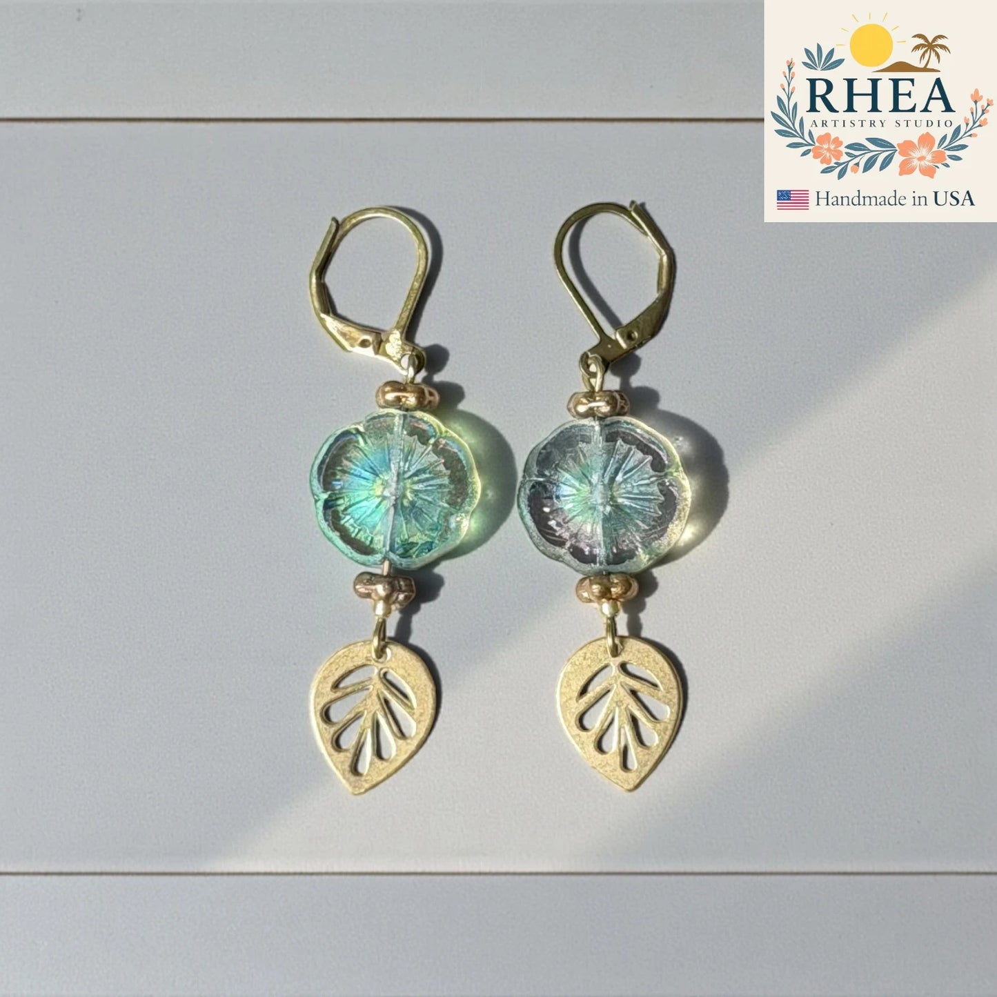Hibiscus glass drop earrings in nature-inspired colorway, handmade