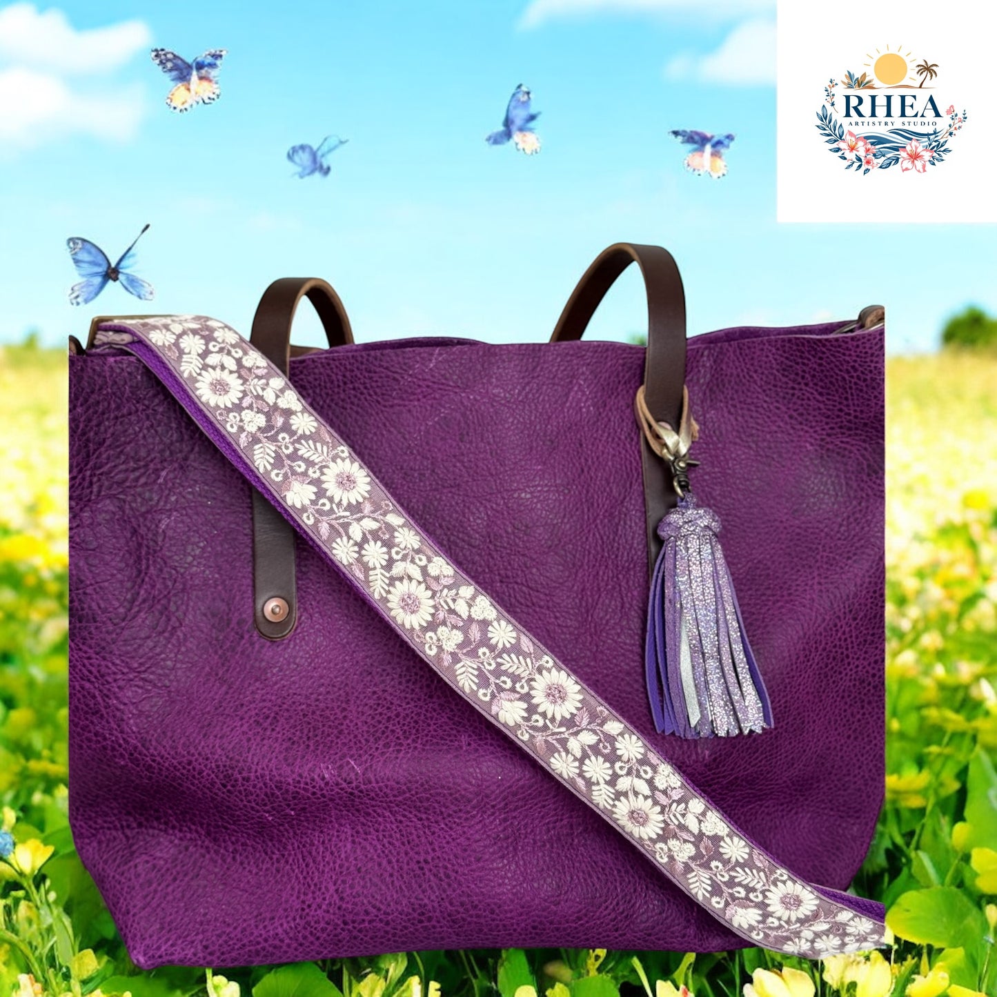 Wildflower Collection purple strap with ivory floral embroidery and antique brass hardware, perfect as a stylish bag or tote accessory.