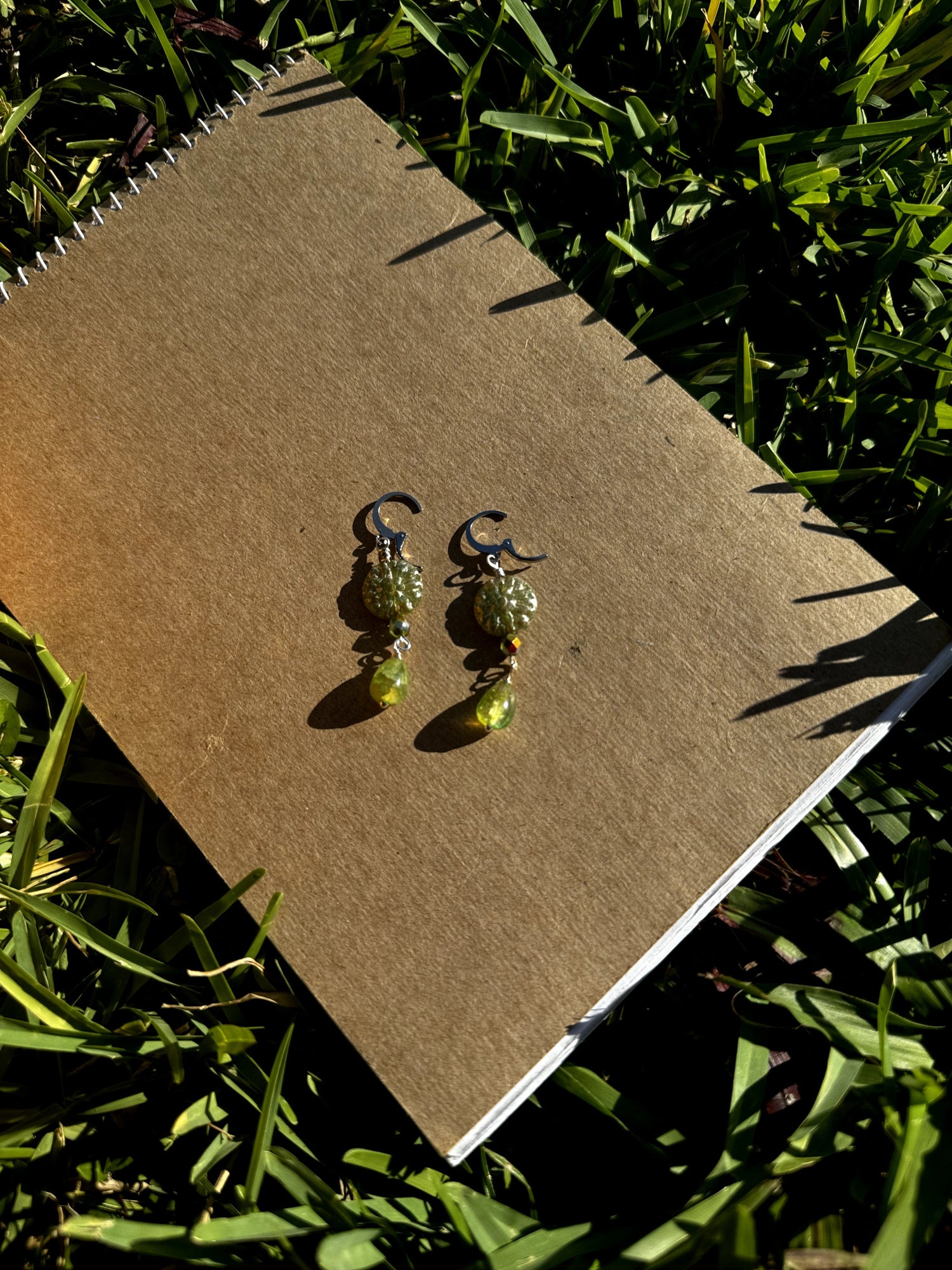 Avocado Green Dahlia with Green Gemstone drop earings